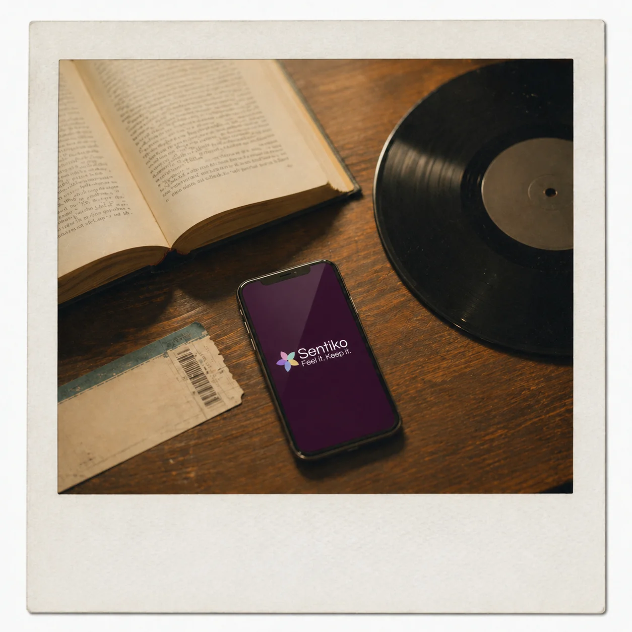 A polaroid of an evening at home, a book, a vinyl record, a phone showing the Sentiko app splash, a theater ticket stub on a wood table